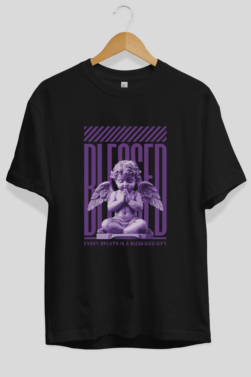 Blessed ön Baskılı Oversize t-shirt Erkek Kadın %100 Pamuk Bisiklet Yaka tişort