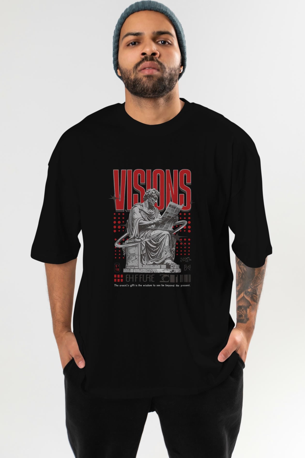 Visions ön Baskılı Oversize t-shirt Erkek Kadın %100 Pamuk Bisiklet Yaka tişort