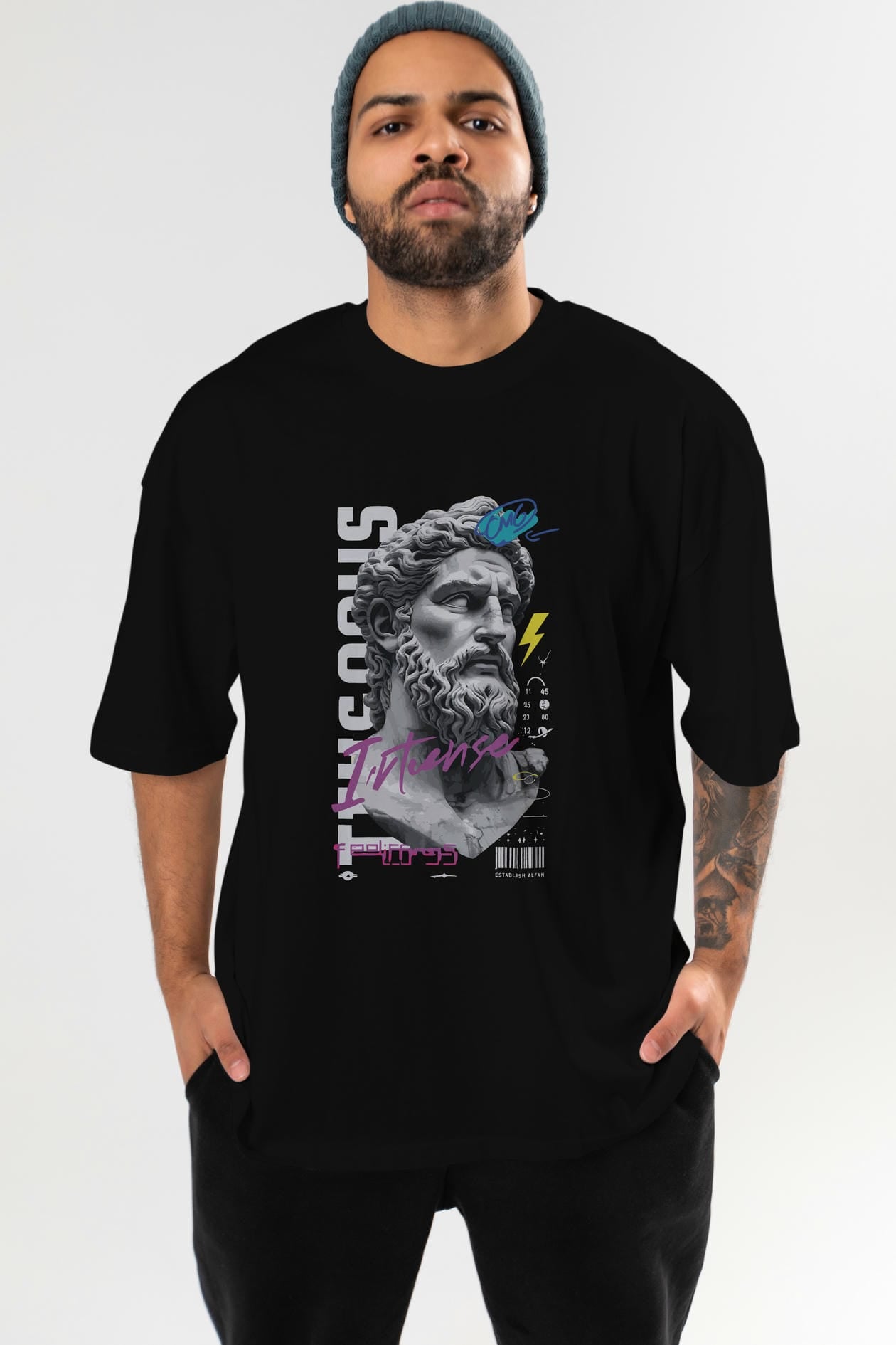 Zeus Intense ön Baskılı Oversize t-shirt Erkek Kadın %100 Pamuk Bisiklet Yaka tişort