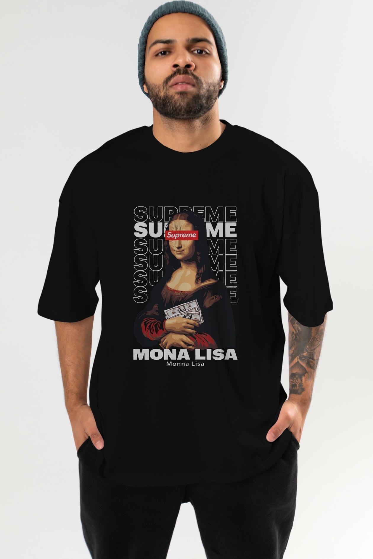 Mona Lisa Supreme ön Baskılı Oversize t-shirt Erkek Kadın %100 Pamuk Bisiklet Yaka tişort