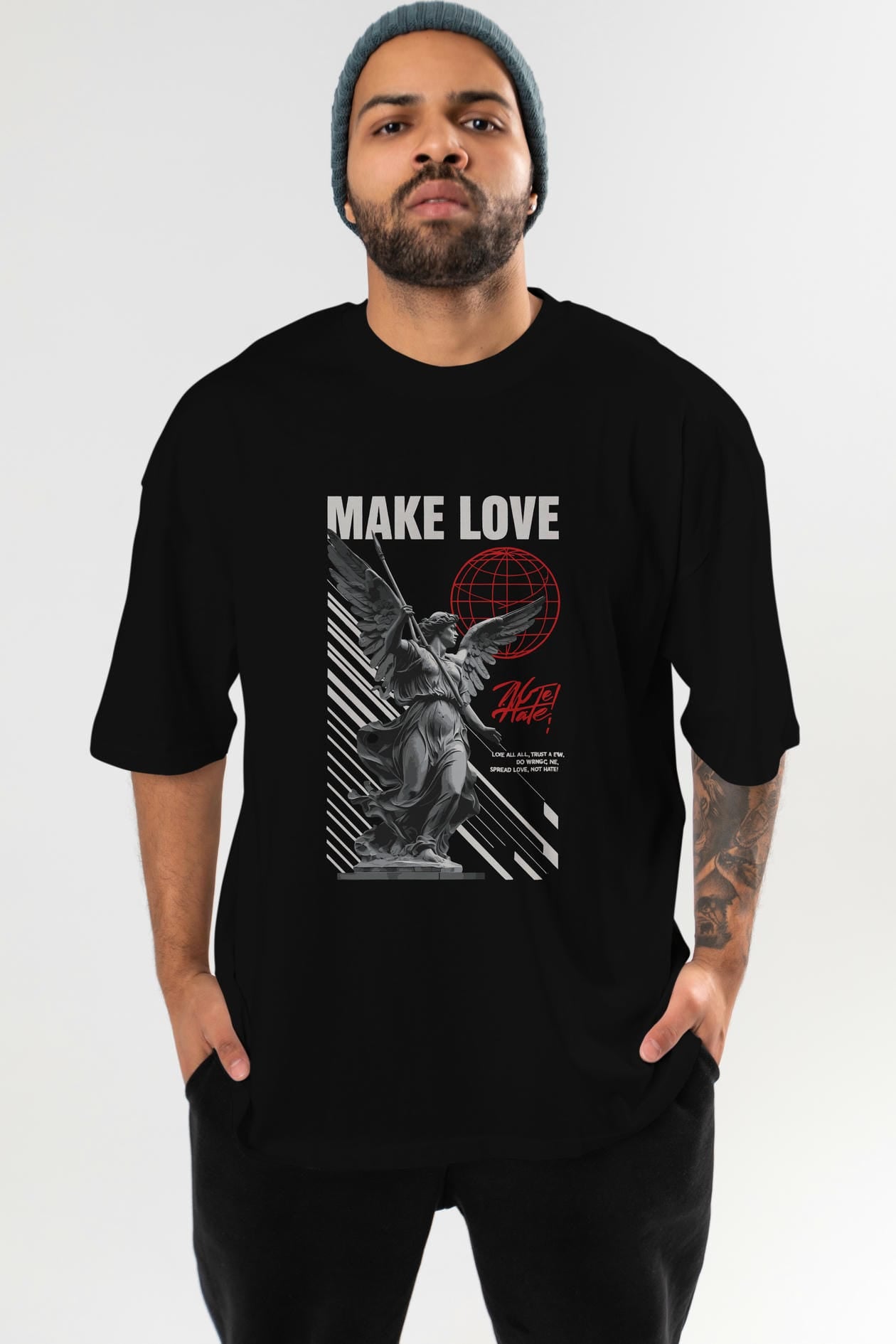 Make Love ön Baskılı Oversize t-shirt Erkek Kadın %100 Pamuk Bisiklet Yaka tişort