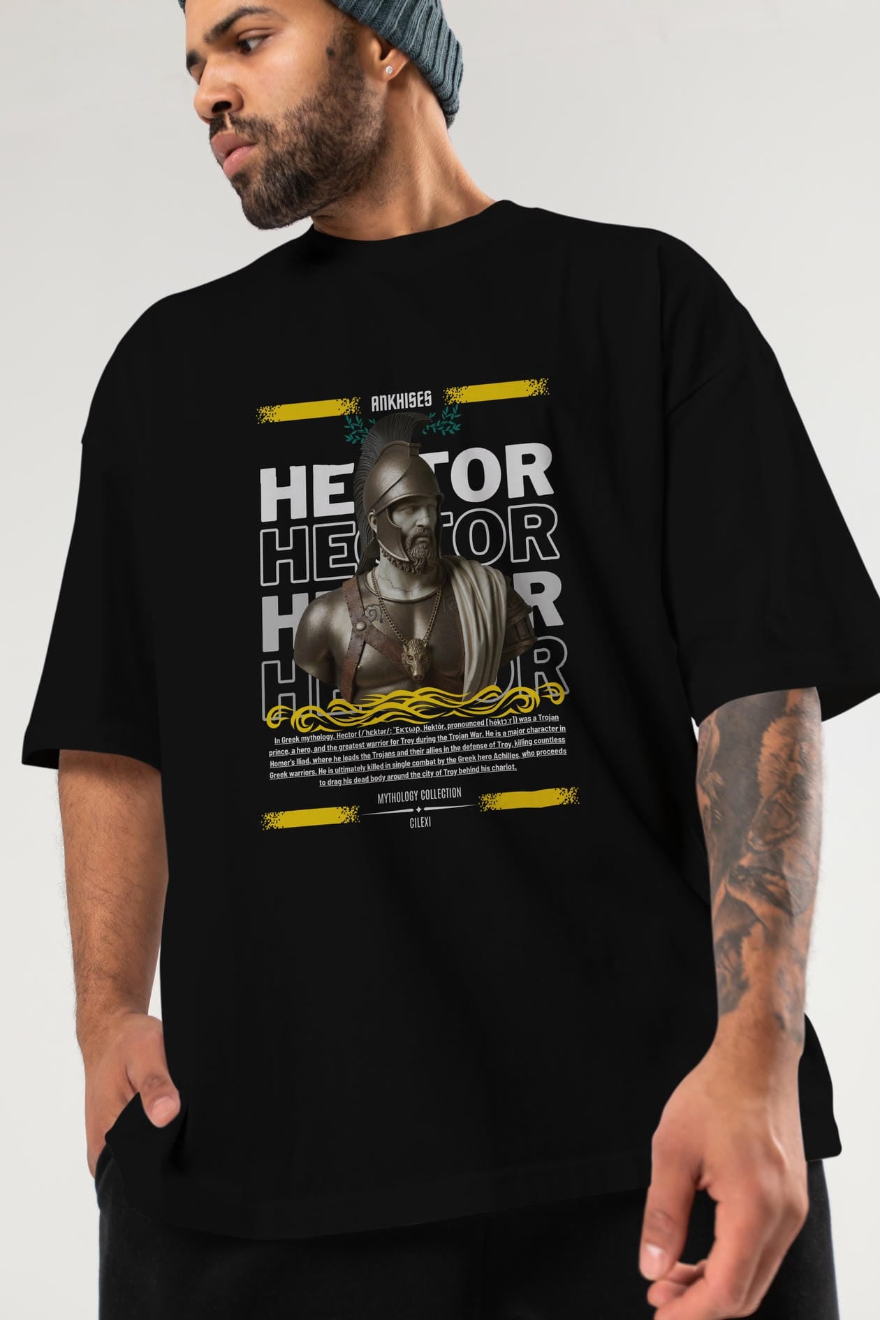 Hector 2 ön Baskılı Oversize t-shirt Erkek Kadın %100 Pamuk Bisiklet Yaka tişort