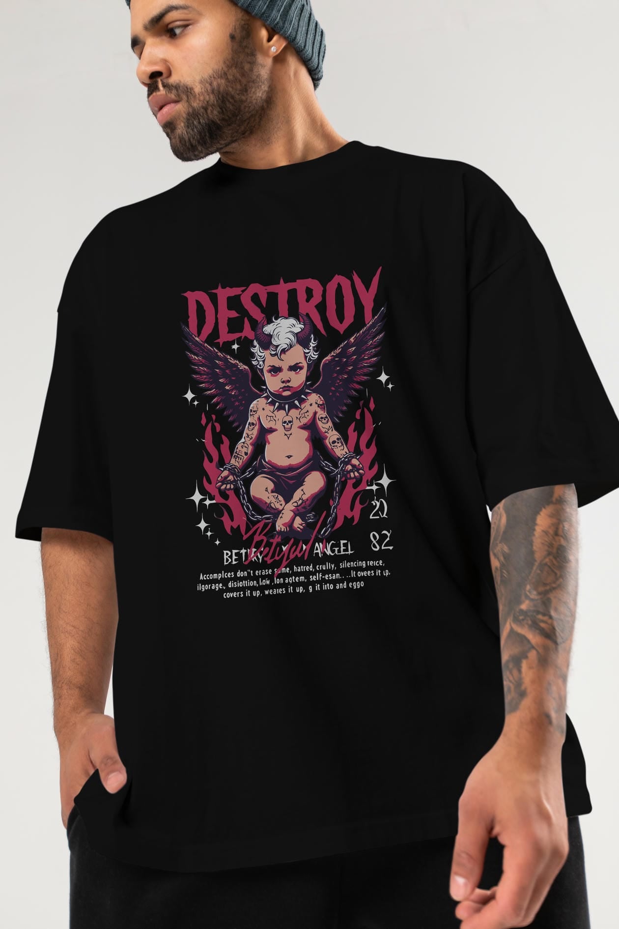 Destroy ön Baskılı Oversize t-shirt Erkek Kadın %100 Pamuk Bisiklet Yaka tişort