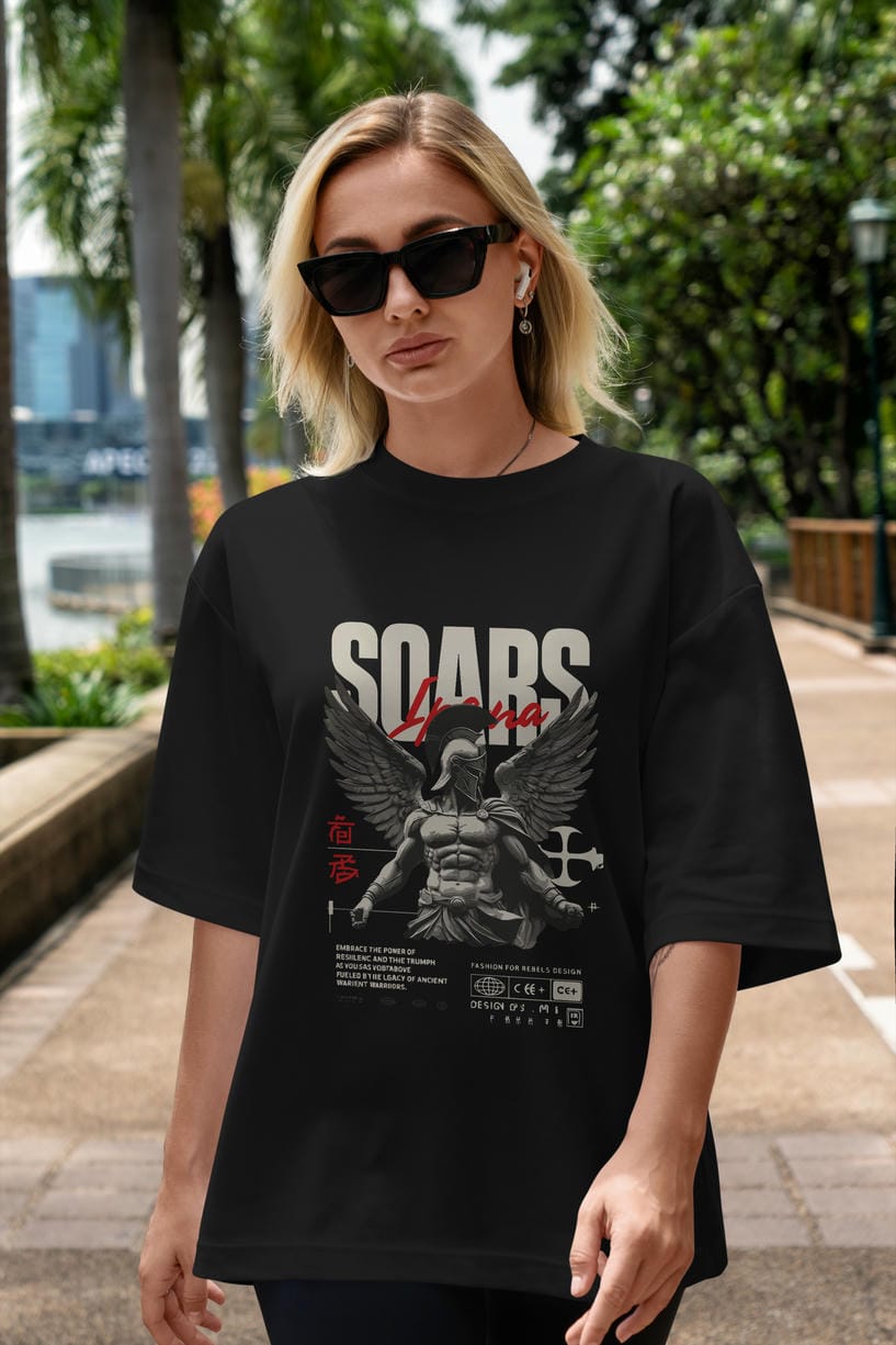 Soars ön Baskılı Oversize t-shirt Erkek Kadın %100 Pamuk Bisiklet Yaka tişort
