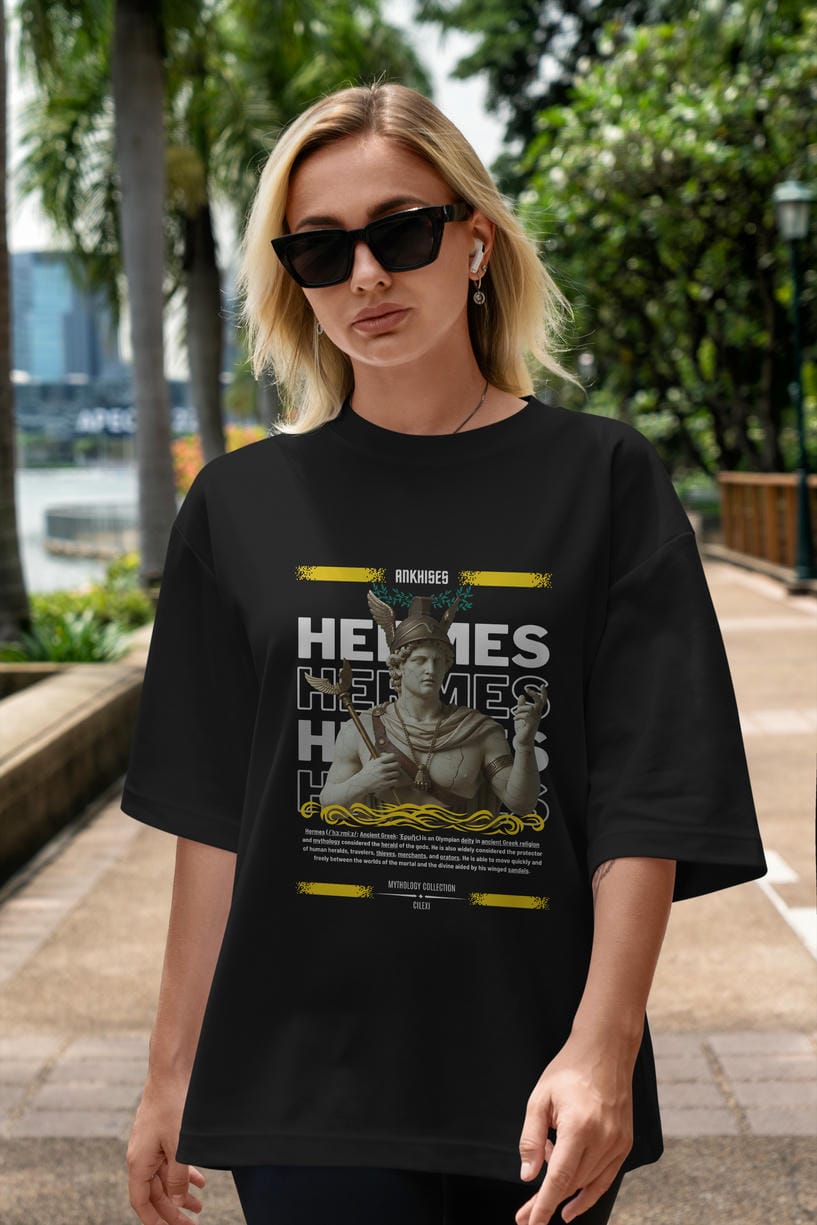 Hermes 1 ön Baskılı Oversize t-shirt Erkek Kadın %100 Pamuk Bisiklet Yaka tişort