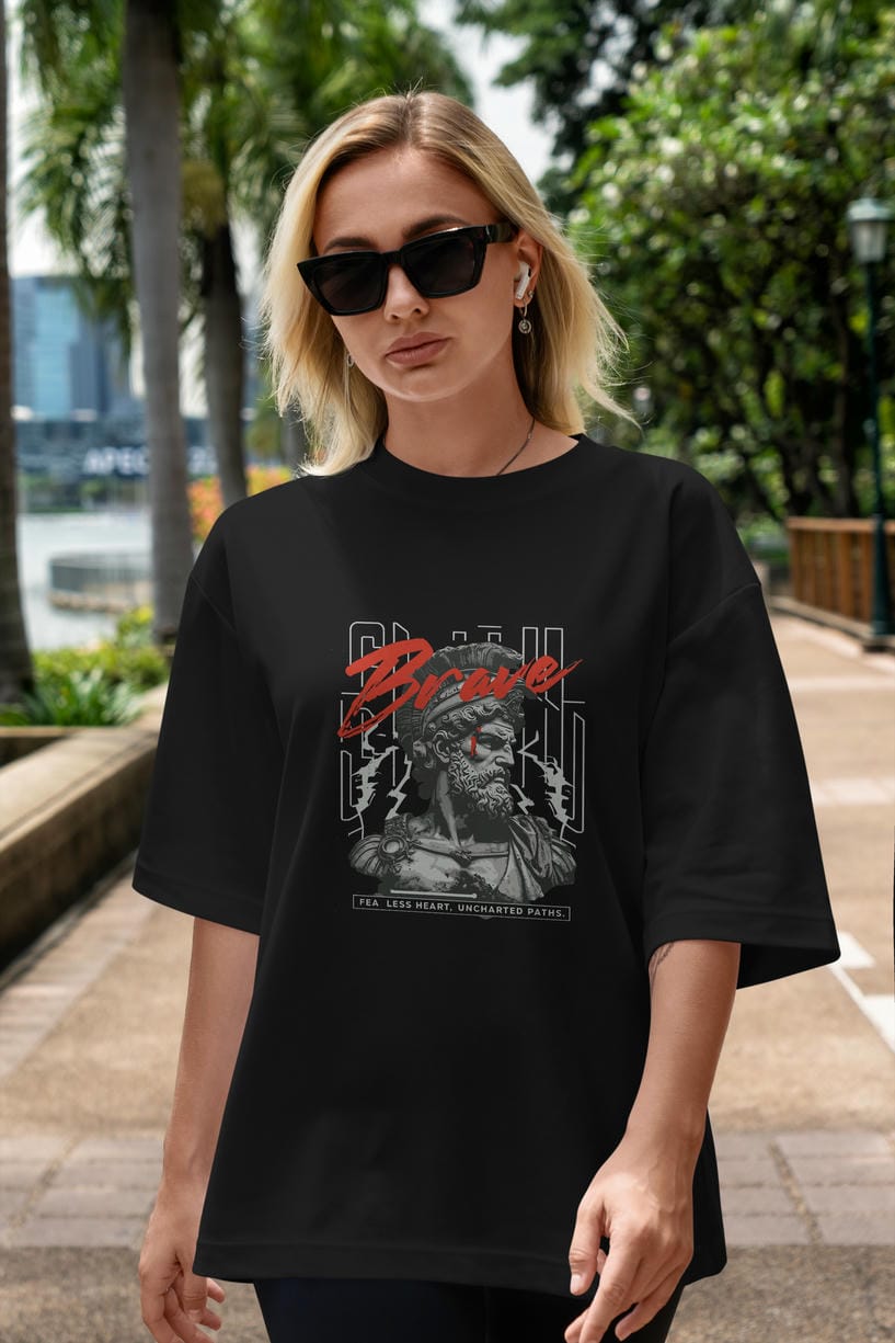 Brave ön Baskılı Oversize t-shirt Erkek Kadın %100 Pamuk Bisiklet Yaka tişort