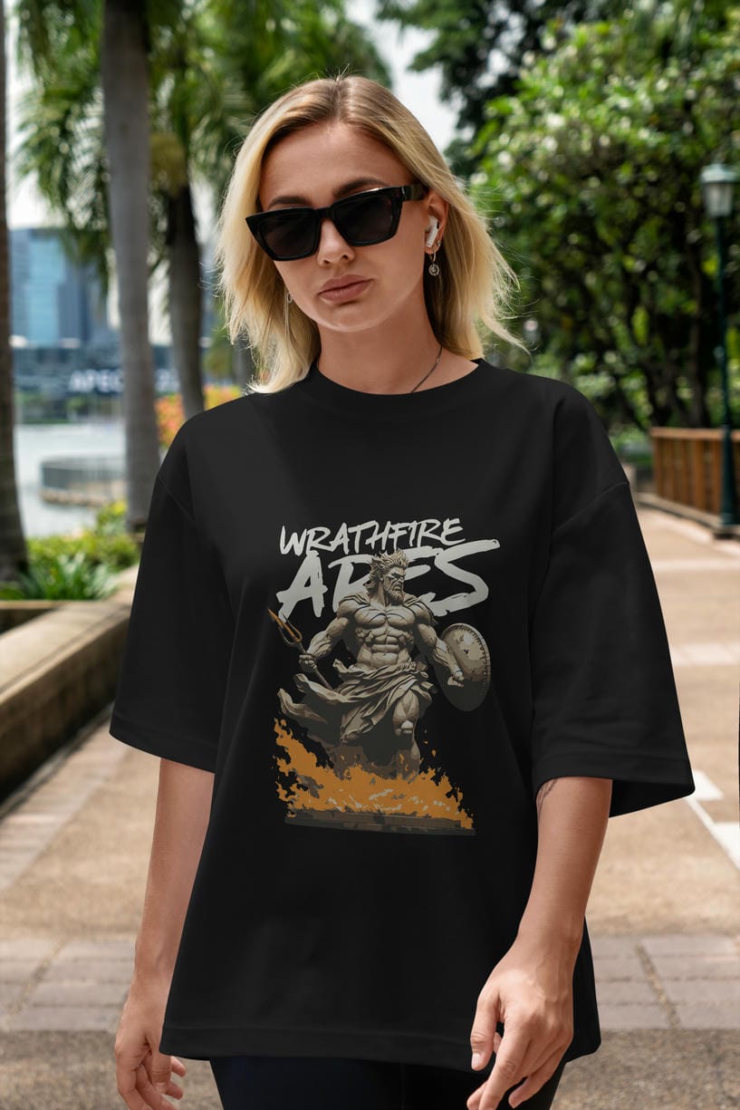 WrathFire Ares ön Baskılı Oversize t-shirt Erkek Kadın %100 Pamuk Bisiklet Yaka tişort