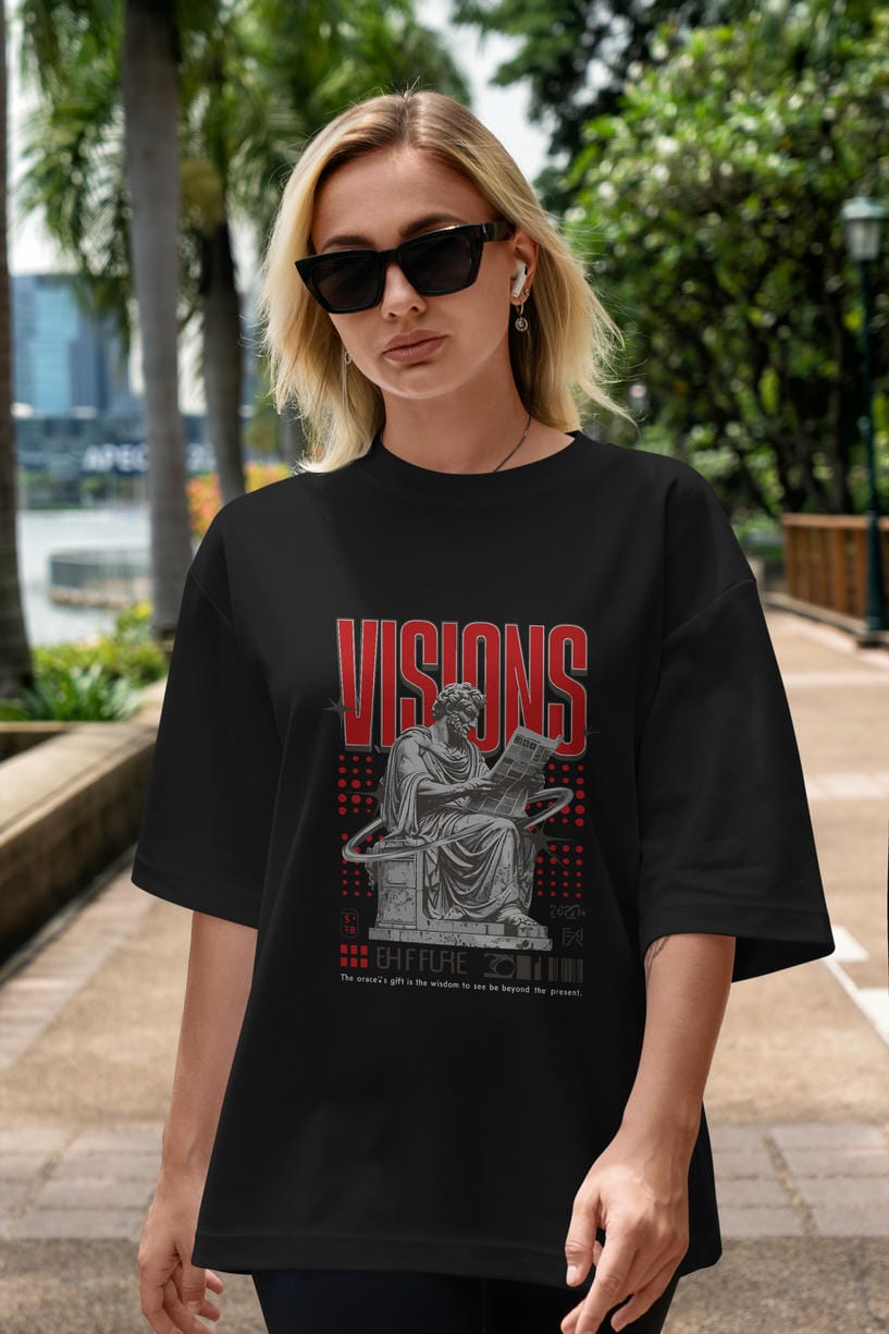 Visions ön Baskılı Oversize t-shirt Erkek Kadın %100 Pamuk Bisiklet Yaka tişort