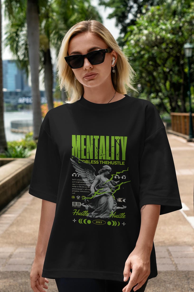 Mentality ön Baskılı Oversize t-shirt Erkek Kadın %100 Pamuk Bisiklet Yaka tişort