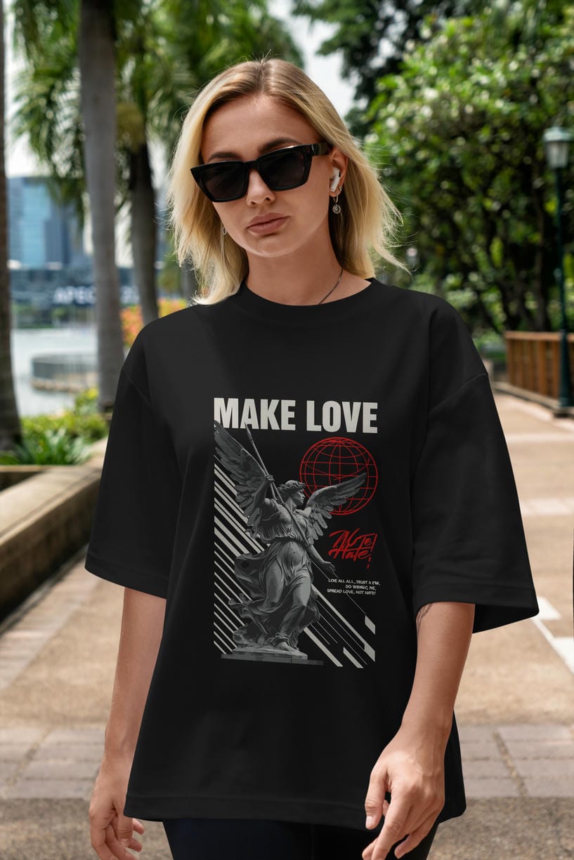 Make Love ön Baskılı Oversize t-shirt Erkek Kadın %100 Pamuk Bisiklet Yaka tişort