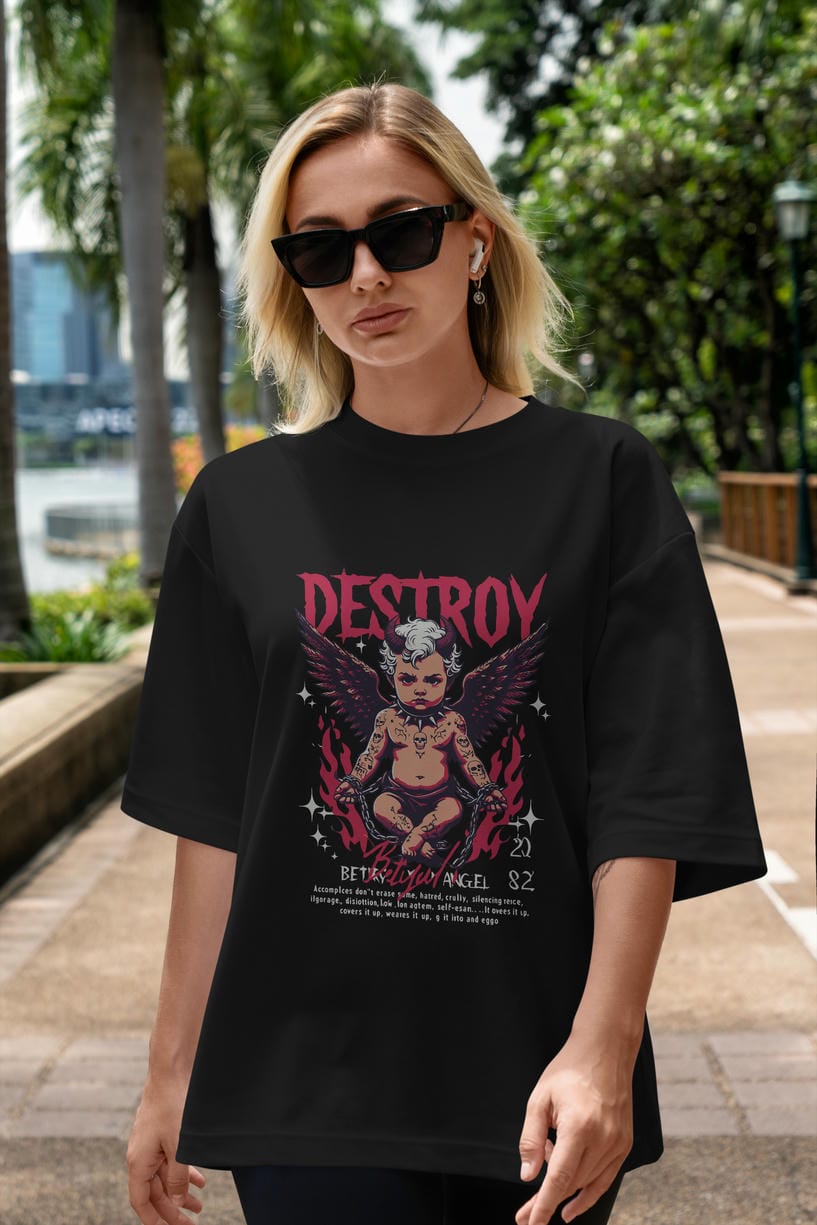 Destroy ön Baskılı Oversize t-shirt Erkek Kadın %100 Pamuk Bisiklet Yaka tişort
