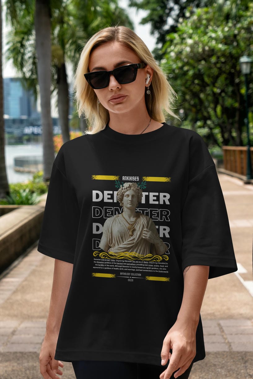 Demeter 2 ön Baskılı Oversize t-shirt Erkek Kadın %100 Pamuk Bisiklet Yaka tişort