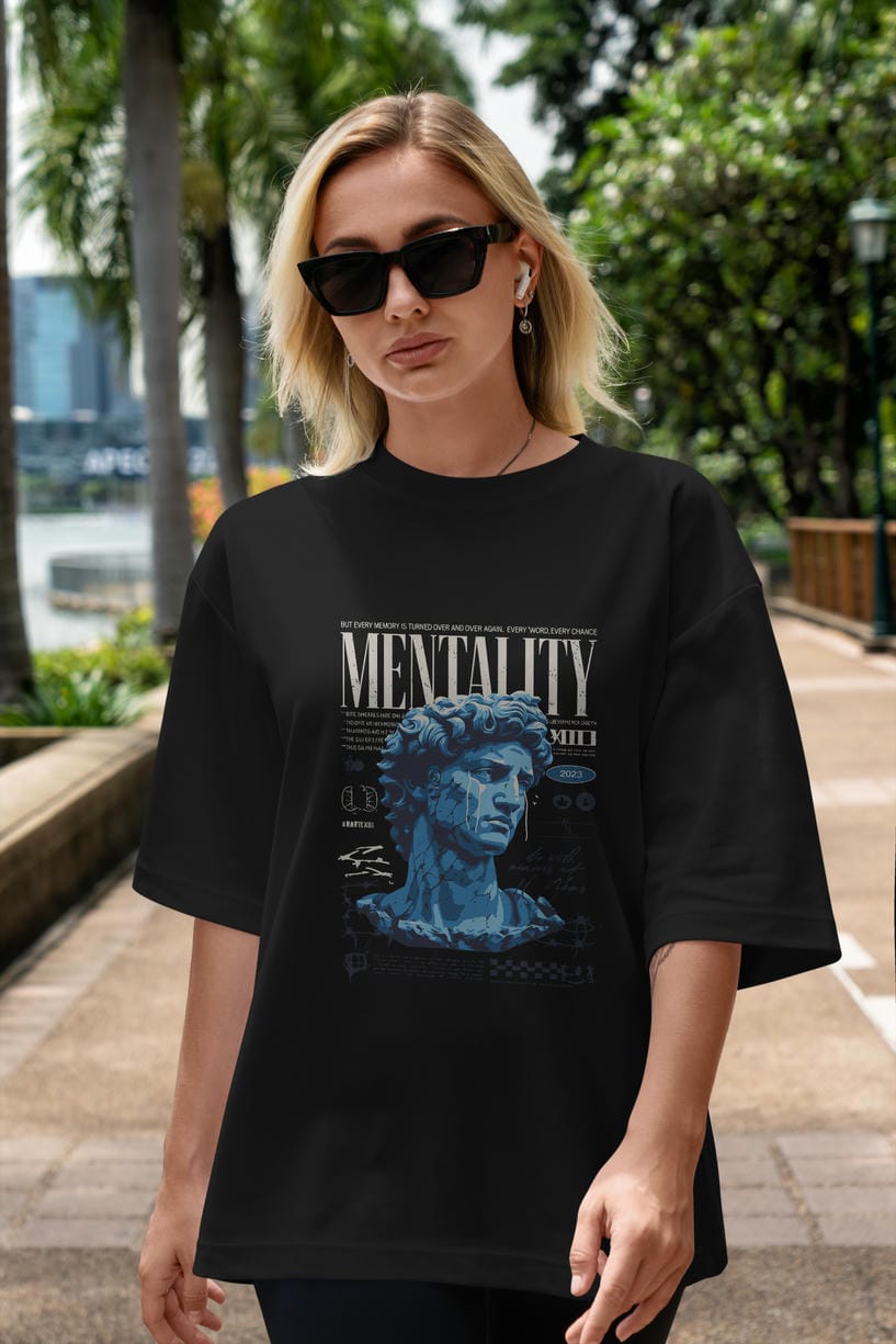 Mentality 2 ön Baskılı Oversize t-shirt Erkek Kadın %100 Pamuk Bisiklet Yaka tişort