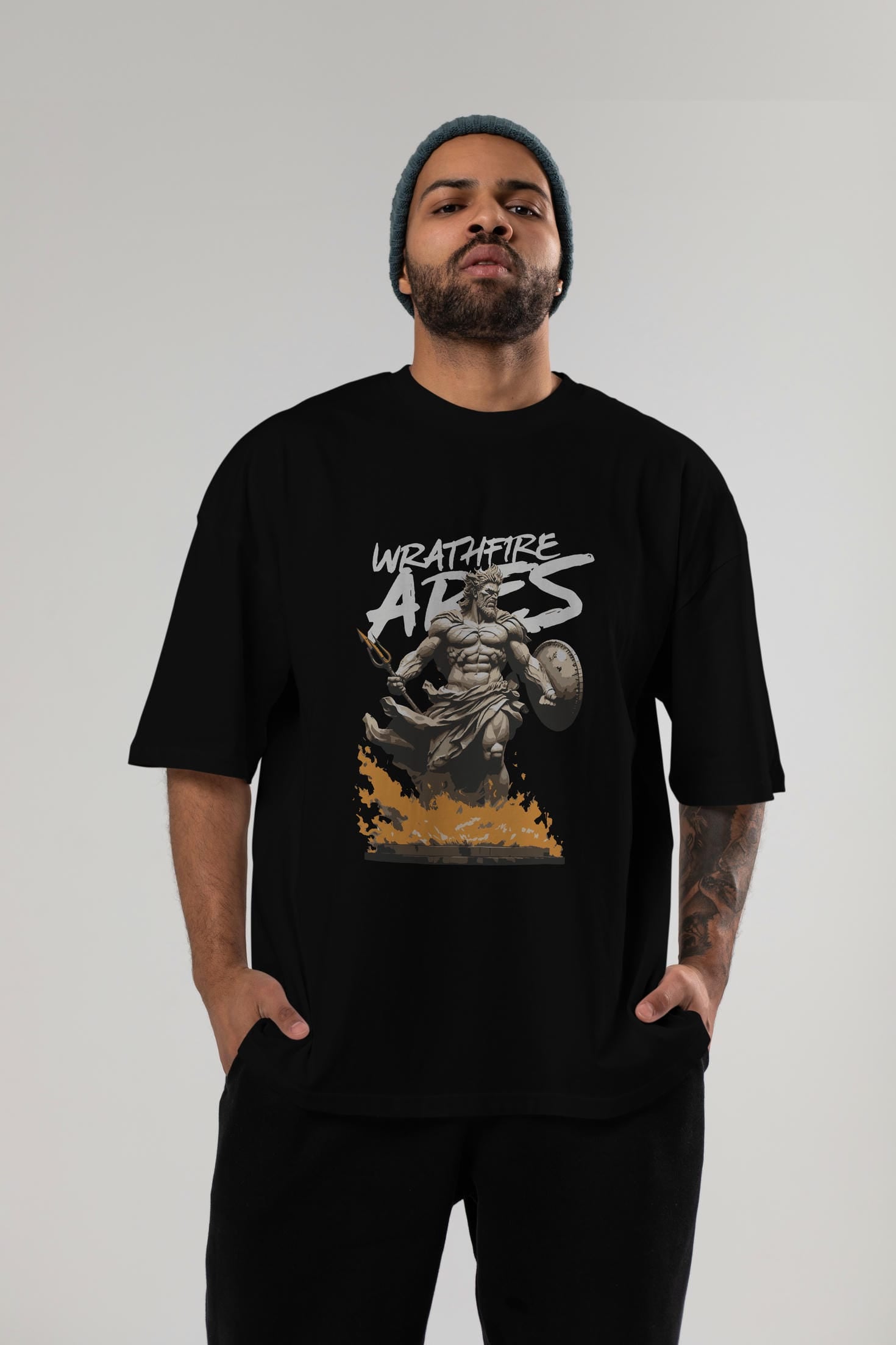 WrathFire Ares ön Baskılı Oversize t-shirt Erkek Kadın %100 Pamuk Bisiklet Yaka tişort