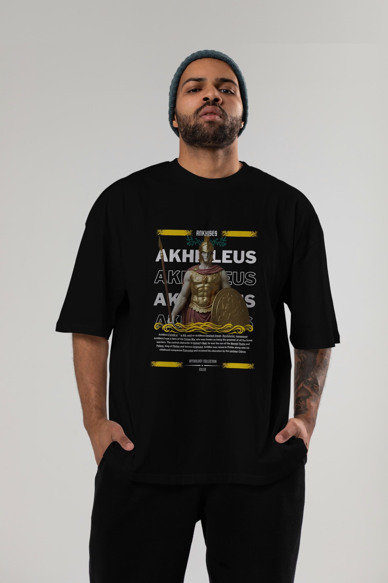Akhilleus 1 ön Baskılı Oversize t-shirt Erkek Kadın %100 Pamuk Bisiklet Yaka tişort