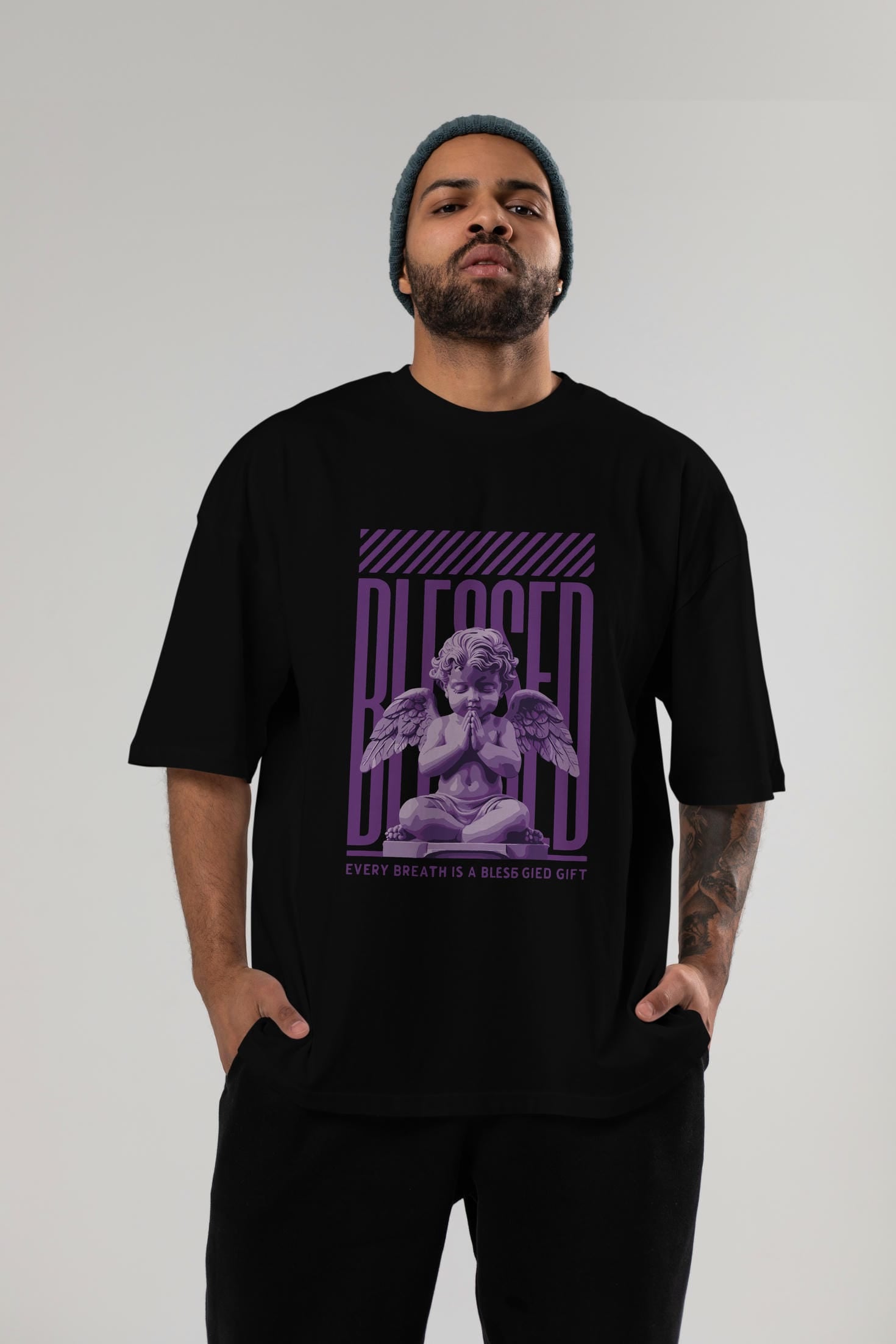 Blessed ön Baskılı Oversize t-shirt Erkek Kadın %100 Pamuk Bisiklet Yaka tişort