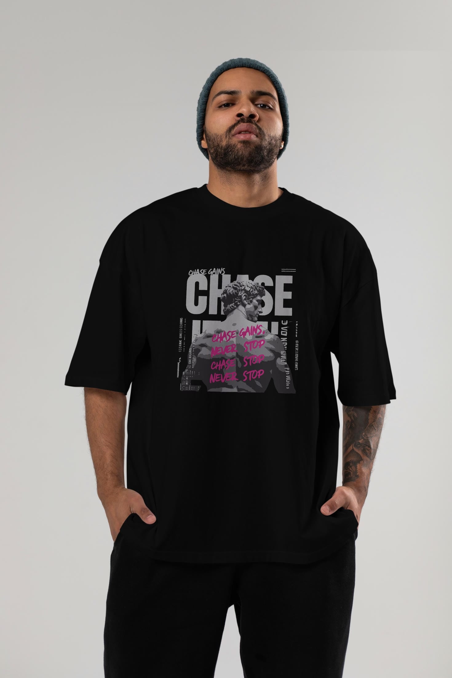Chase Gains ön Baskılı Oversize t-shirt Erkek Kadın %100 Pamuk Bisiklet Yaka tişort