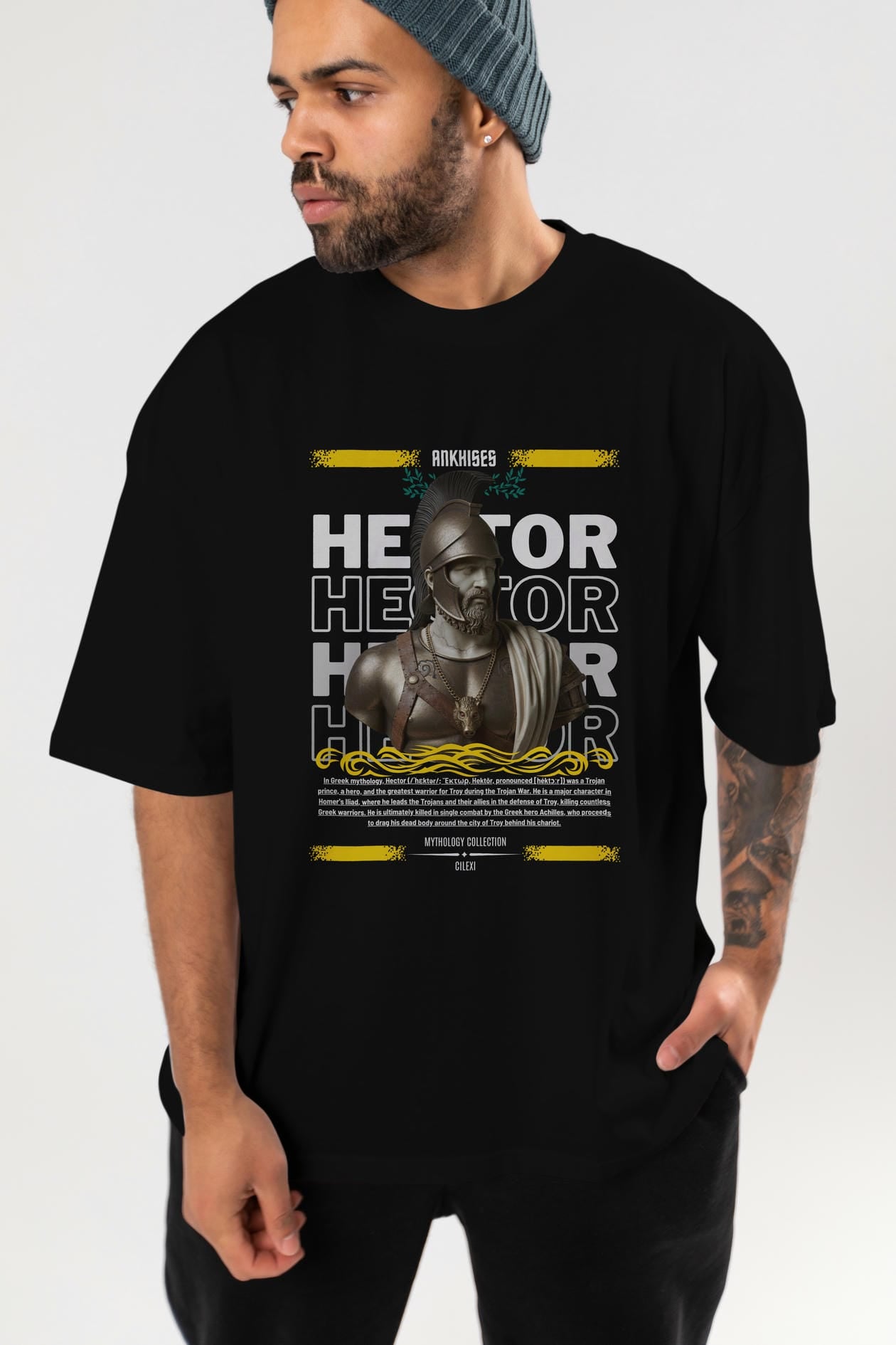 Hector 2 ön Baskılı Oversize t-shirt Erkek Kadın %100 Pamuk Bisiklet Yaka tişort