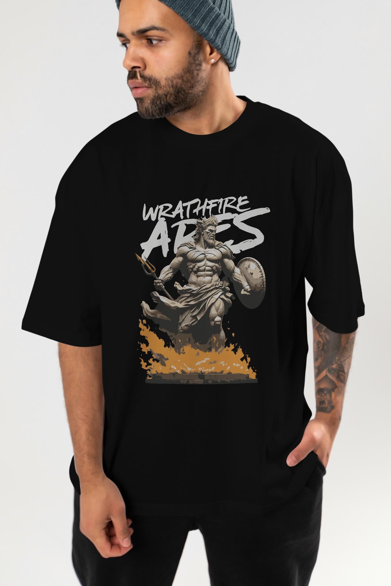 WrathFire Ares ön Baskılı Oversize t-shirt Erkek Kadın %100 Pamuk Bisiklet Yaka tişort