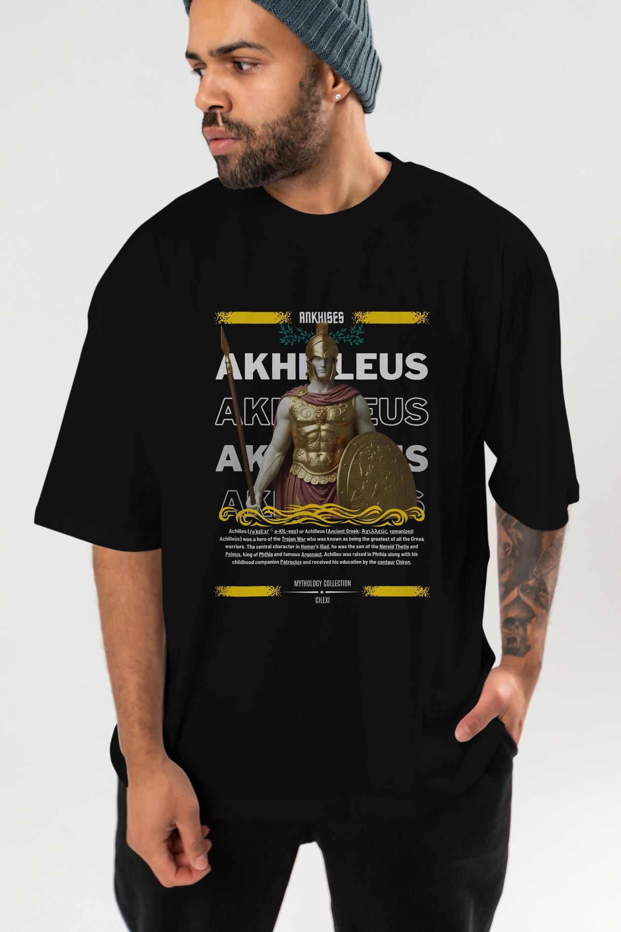 Akhilleus 1 ön Baskılı Oversize t-shirt Erkek Kadın %100 Pamuk Bisiklet Yaka tişort
