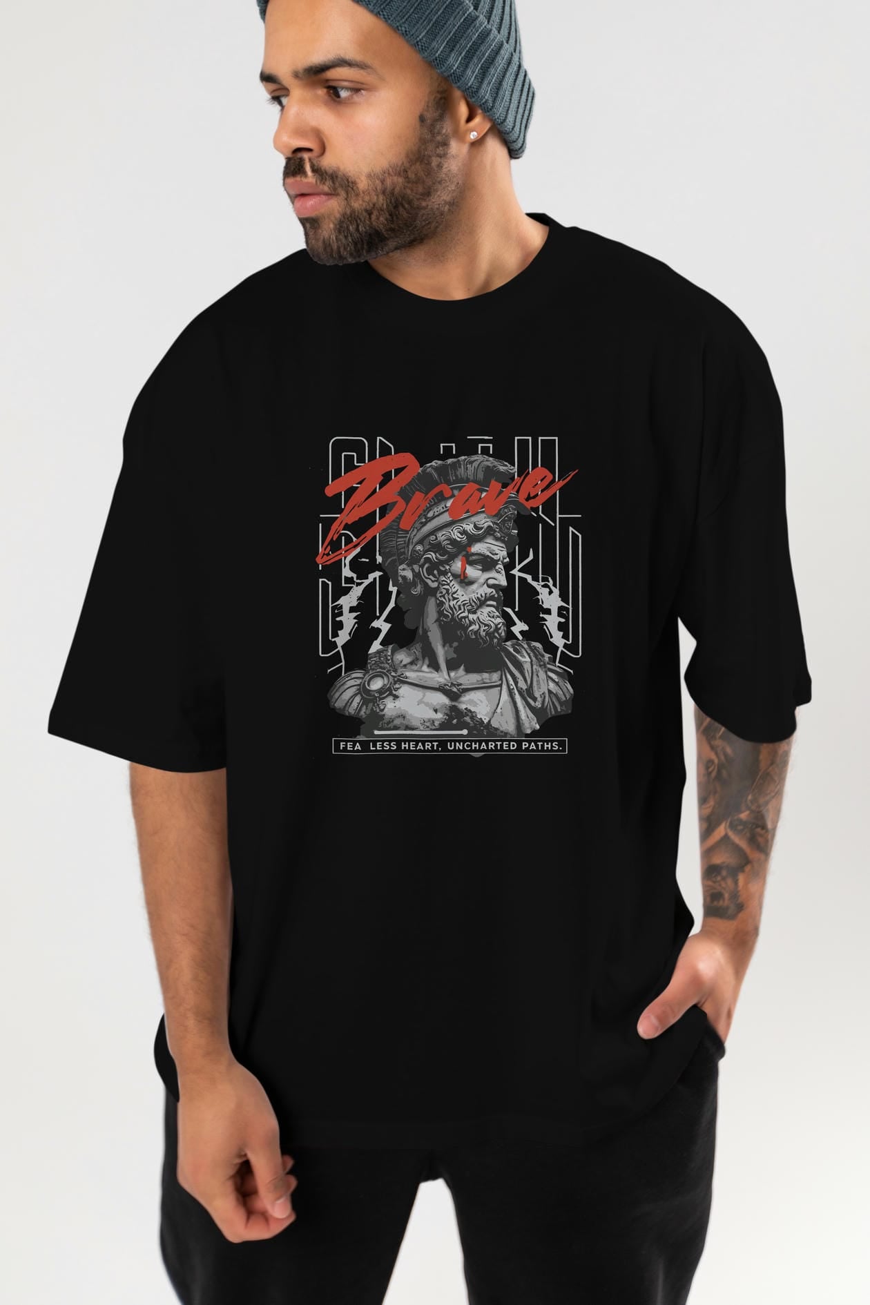 Brave ön Baskılı Oversize t-shirt Erkek Kadın %100 Pamuk Bisiklet Yaka tişort