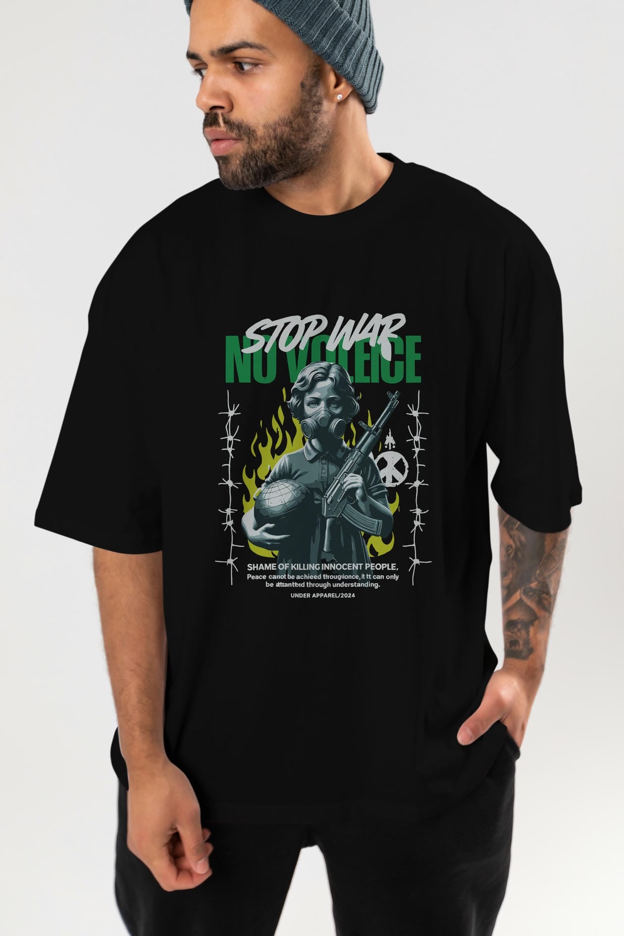 Stop War ön Baskılı Oversize t-shirt Erkek Kadın %100 Pamuk Bisiklet Yaka tişort
