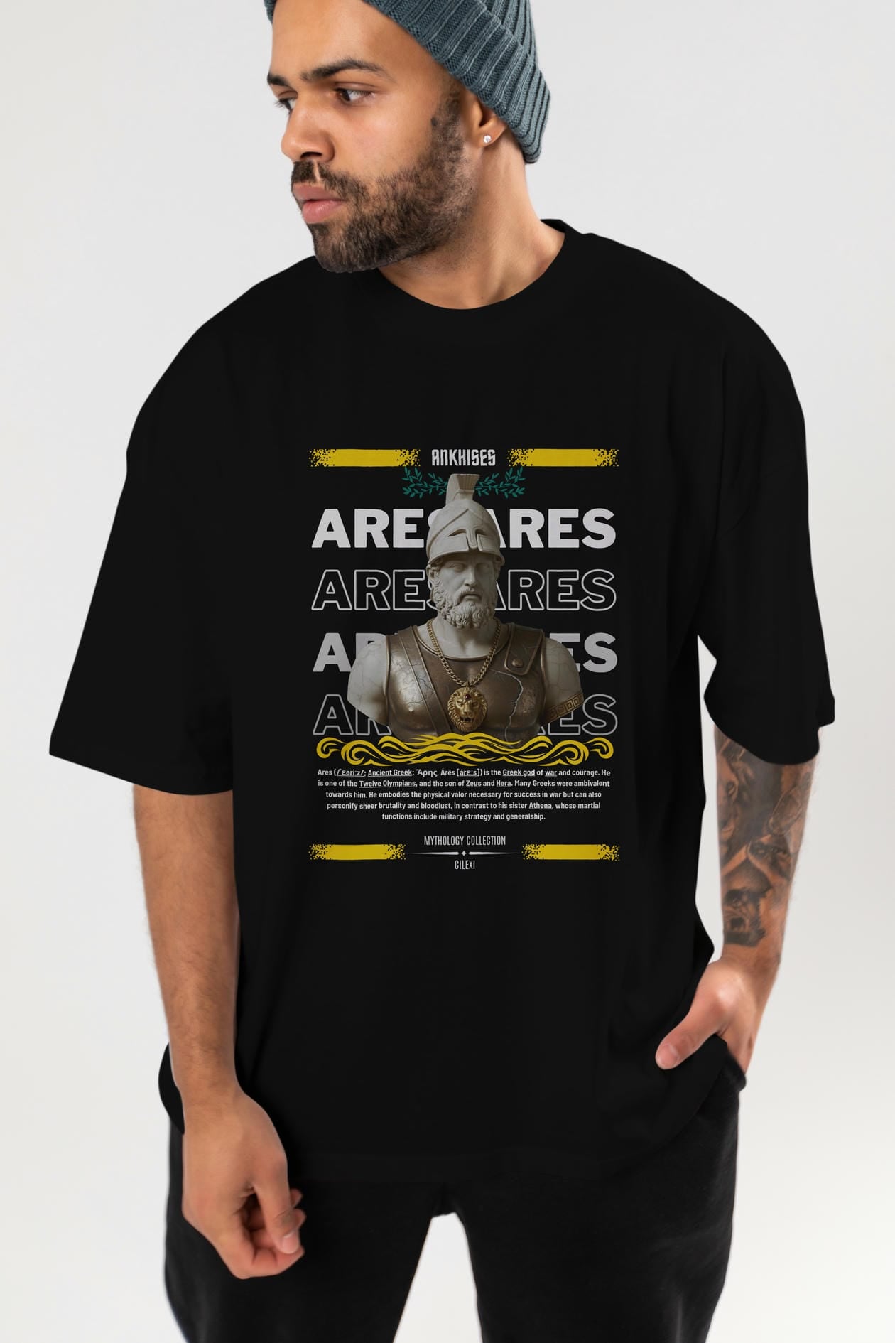 Ares 2 ön Baskılı Oversize t-shirt Erkek Kadın %100 Pamuk Bisiklet Yaka tişort