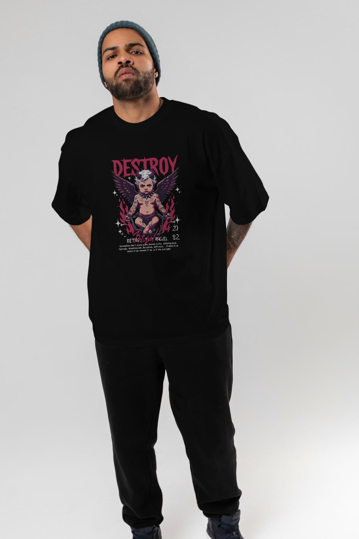 Destroy ön Baskılı Oversize t-shirt Erkek Kadın %100 Pamuk Bisiklet Yaka tişort