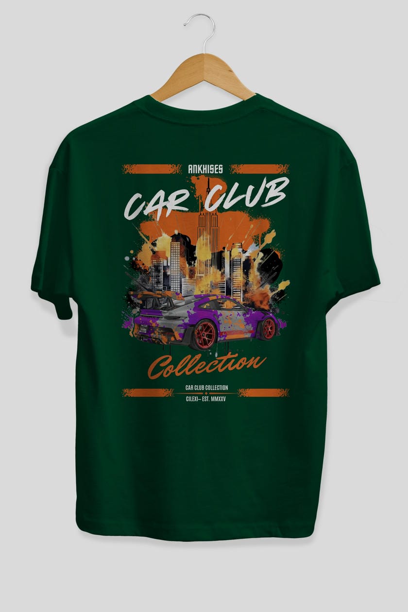 Araba Club Serisi 5 Baskılı Oversize t-shirt Erkek Kadın %100 Pamuk Bisiklet Yaka tişort