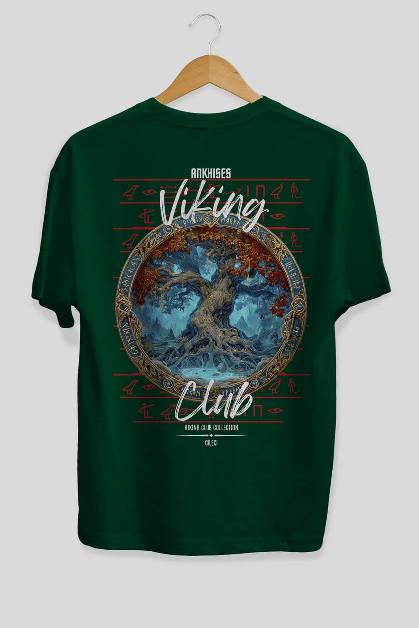 Yggdrasil Arka Baskılı Oversize t-shirt Erkek Kadın %100 Pamuk Bisiklet Yaka tişort