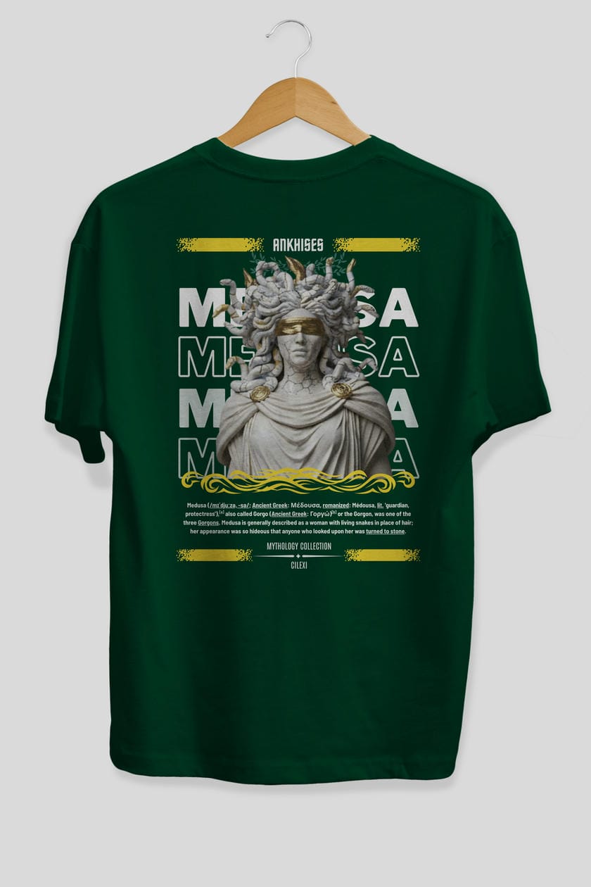 Medusa 2 Arka Baskılı Oversize t-shirt Erkek Kadın %100 Pamuk Bisiklet Yaka tişort