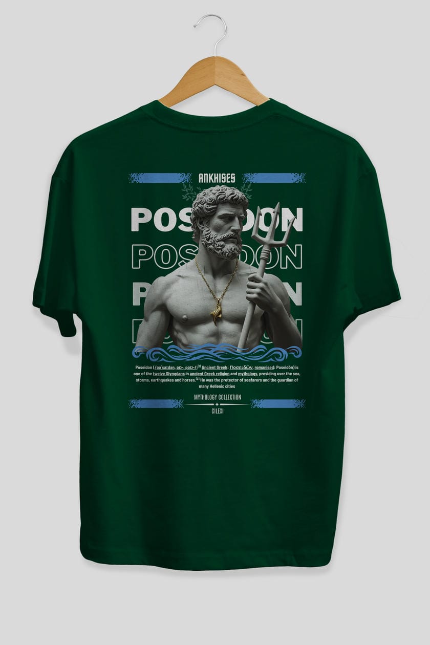 Poseidon 3 Arka Baskılı Oversize t-shirt Erkek Kadın %100 Pamuk Bisiklet Yaka tişort