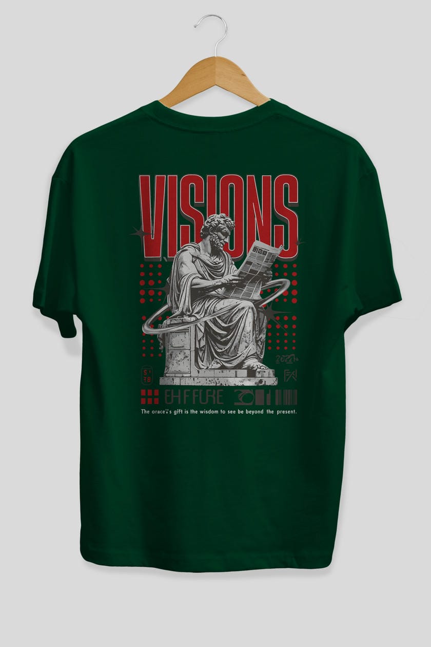Visions Arka Baskılı Oversize t-shirt Erkek Kadın %100 Pamuk Bisiklet Yaka tişort