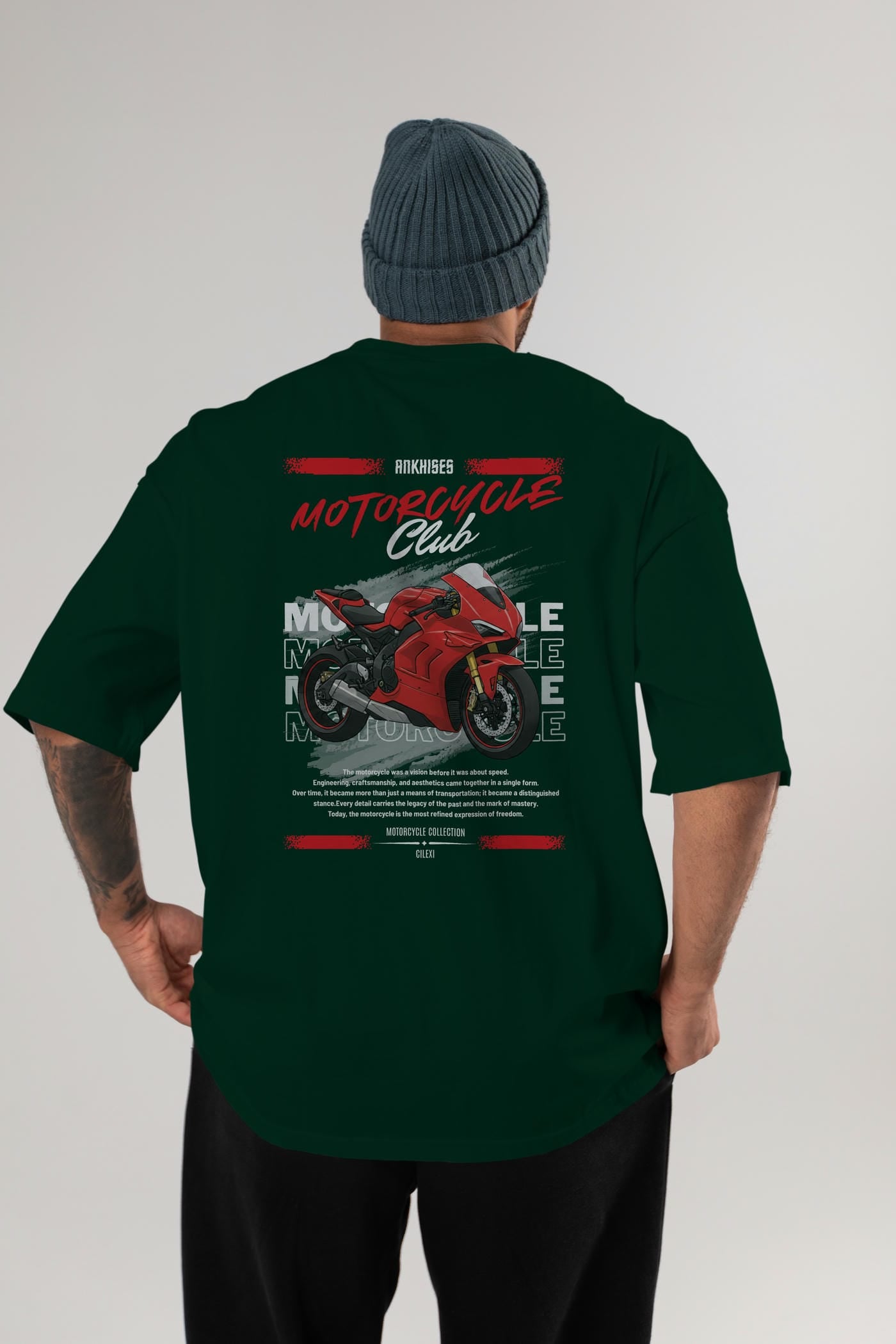 Motosiklet Serisi 7 Arka Baskılı Oversize t-shirt Erkek Kadın %100 Pamuk Bisiklet Yaka tişort
