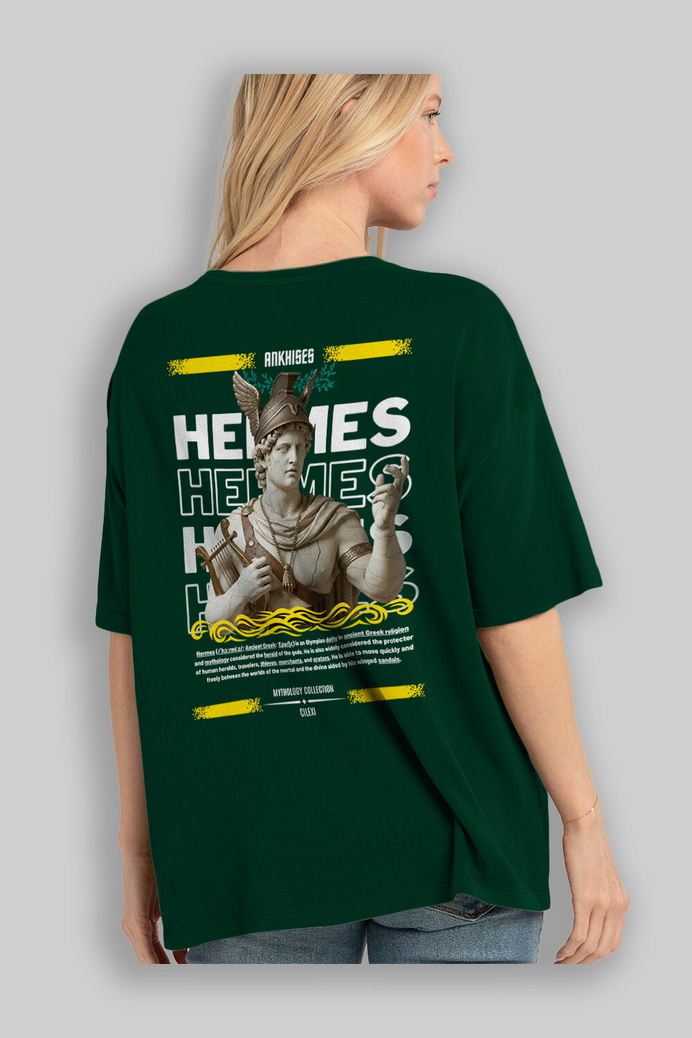 Hermes 2 Arka Baskılı Oversize t-shirt Erkek Kadın %100 Pamuk Bisiklet Yaka tişort