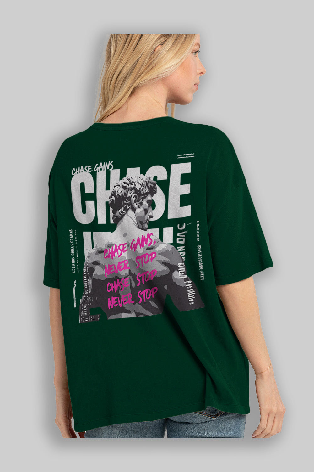 Chase Gains Arka Baskılı Oversize t-shirt Erkek Kadın %100 Pamuk Bisiklet Yaka tişort