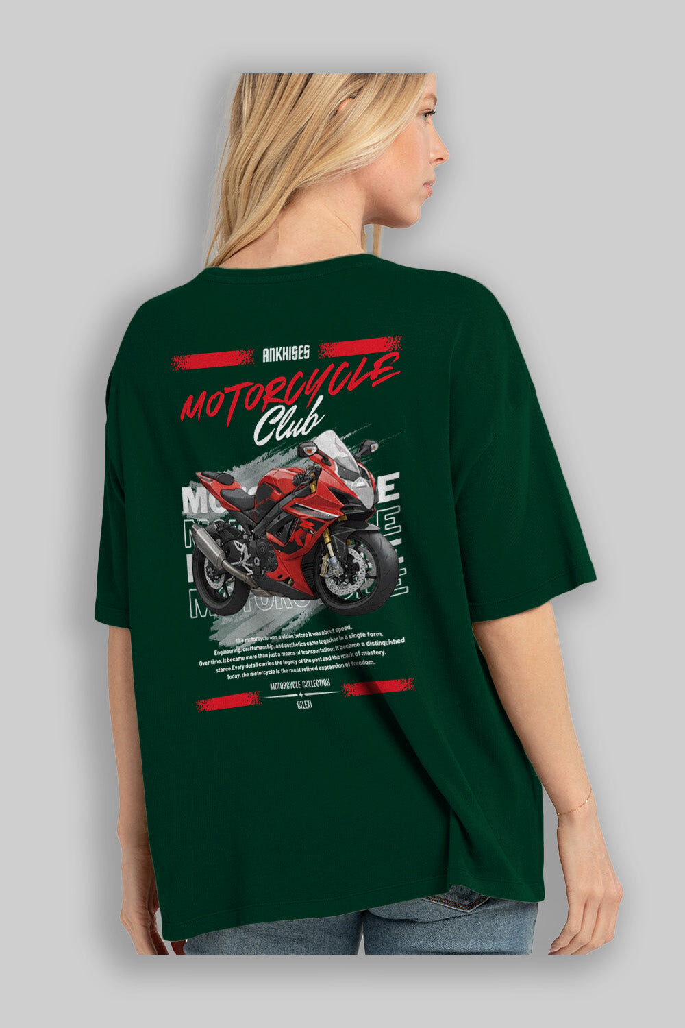 Motosiklet Serisi 5 Arka Baskılı Oversize t-shirt Erkek Kadın %100 Pamuk Bisiklet Yaka tişort