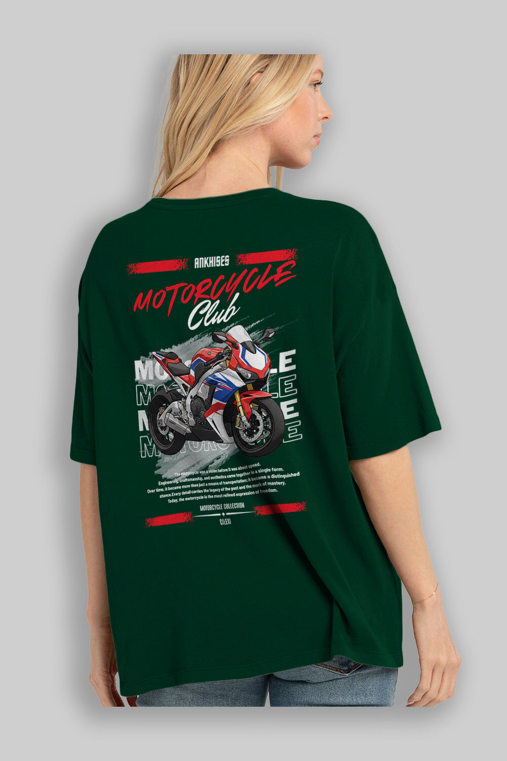 Motosiklet Serisi 4 Arka Baskılı Oversize t-shirt Erkek Kadın %100 Pamuk Bisiklet Yaka tişort