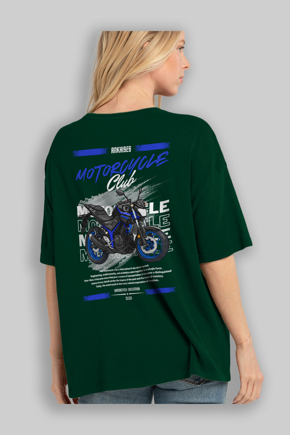 Motosiklet Serisi 22 Arka Baskılı Oversize t-shirt Erkek Kadın %100 Pamuk Bisiklet Yaka tişort