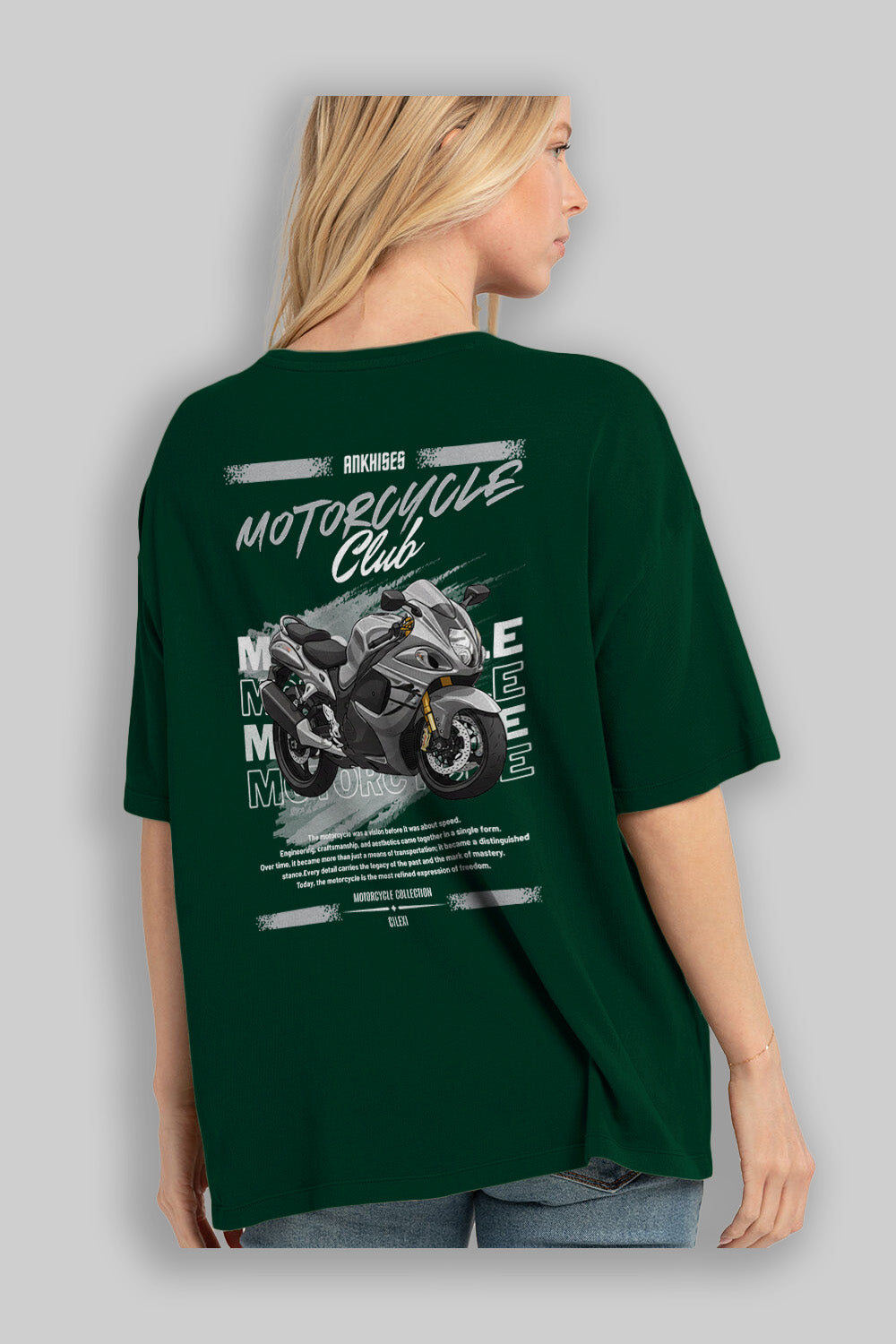 Motosiklet Serisi 9 Arka Baskılı Oversize t-shirt Erkek Kadın %100 Pamuk Bisiklet Yaka tişort
