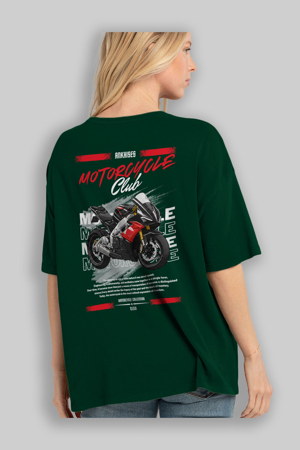 Motosiklet Serisi 8 Arka Baskılı Oversize t-shirt Erkek Kadın %100 Pamuk Bisiklet Yaka tişort