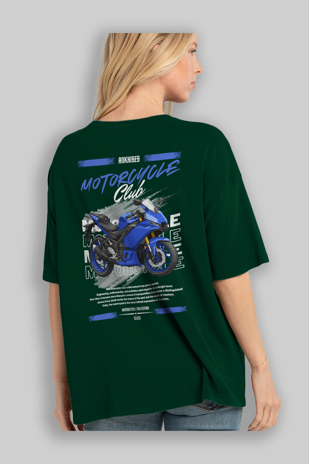 Motosiklet Serisi 33 Arka Baskılı Oversize t-shirt Erkek Kadın %100 Pamuk Bisiklet Yaka tişort