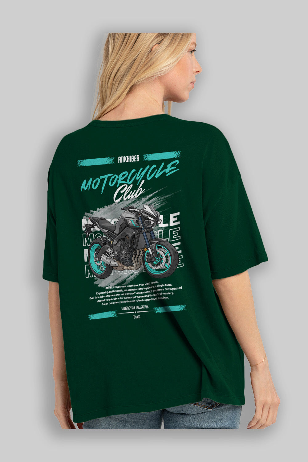 Motosiklet Serisi 21 Arka Baskılı Oversize t-shirt Erkek Kadın %100 Pamuk Bisiklet Yaka tişort