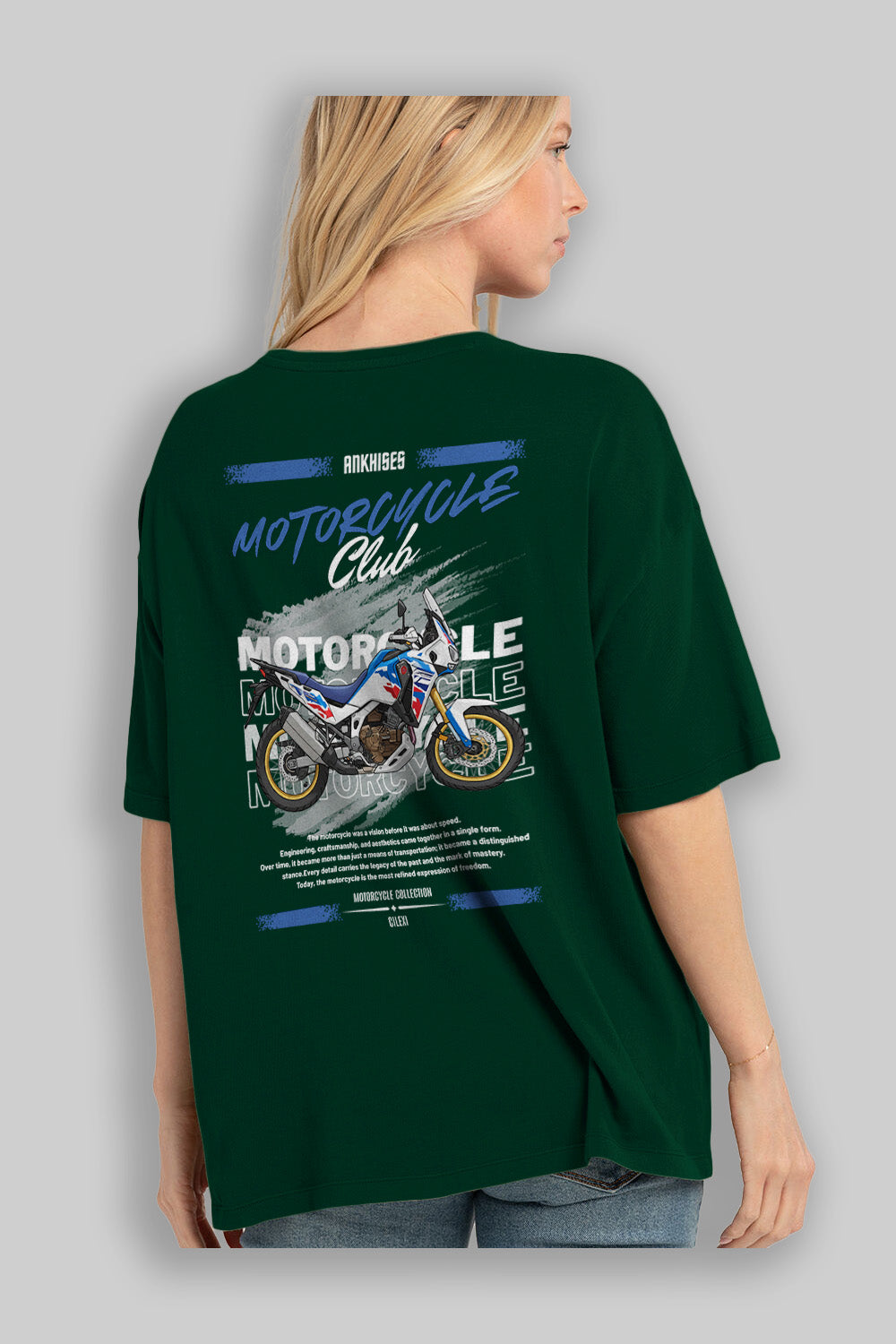Motosiklet Serisi 23 Arka Baskılı Oversize t-shirt Erkek Kadın %100 Pamuk Bisiklet Yaka tişort