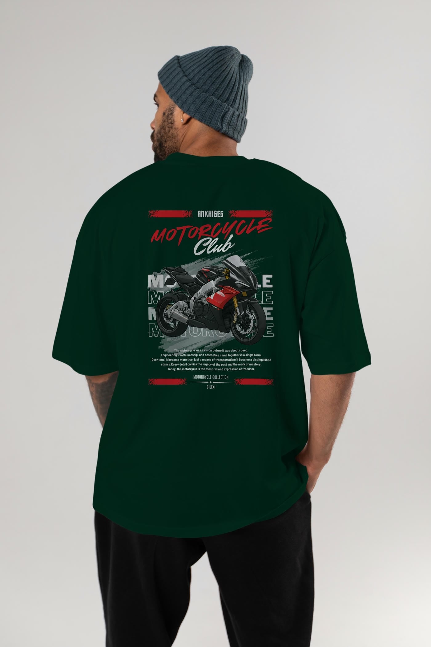 Motosiklet Serisi 8 Arka Baskılı Oversize t-shirt Erkek Kadın %100 Pamuk Bisiklet Yaka tişort