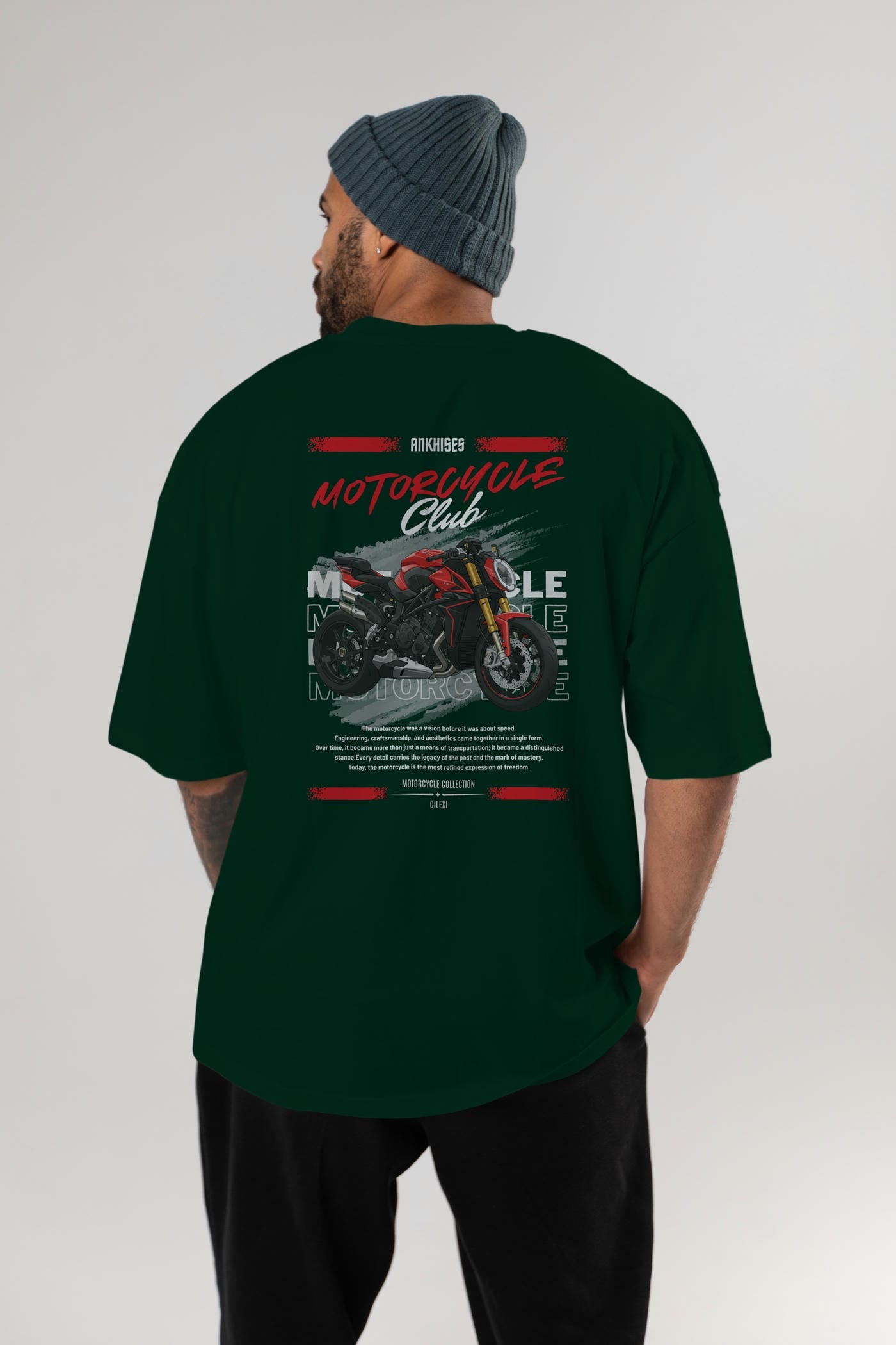 Motosiklet Serisi 26 Arka Baskılı Oversize t-shirt Erkek Kadın %100 Pamuk Bisiklet Yaka tişort