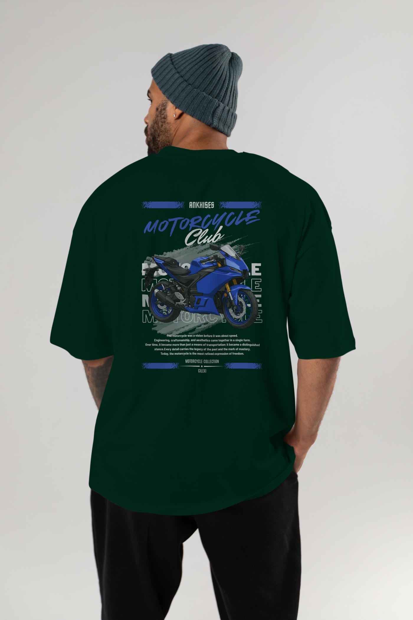 Motosiklet Serisi 33 Arka Baskılı Oversize t-shirt Erkek Kadın %100 Pamuk Bisiklet Yaka tişort