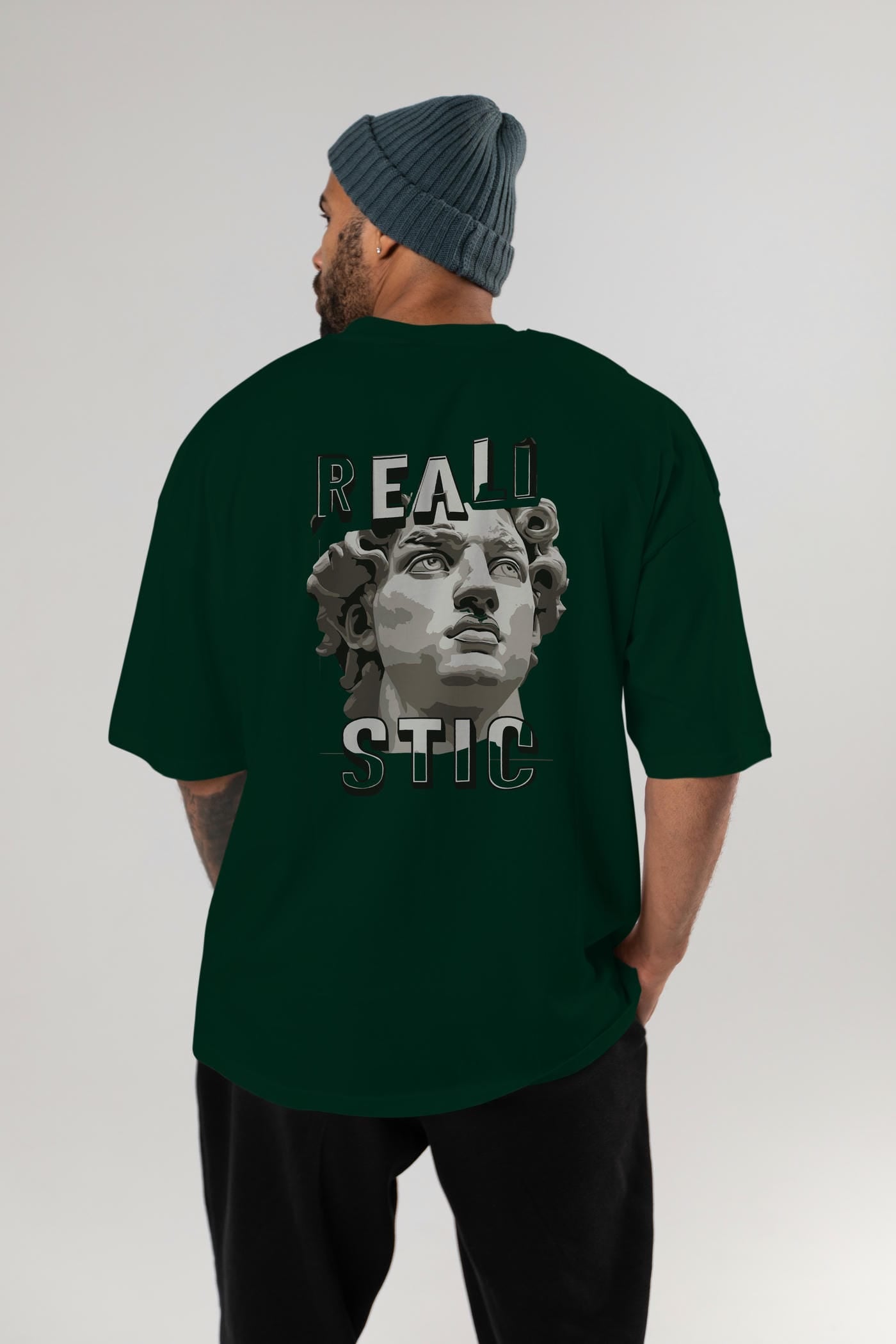 Realistic Arka Baskılı Oversize t-shirt Erkek Kadın %100 Pamuk Bisiklet Yaka tişort