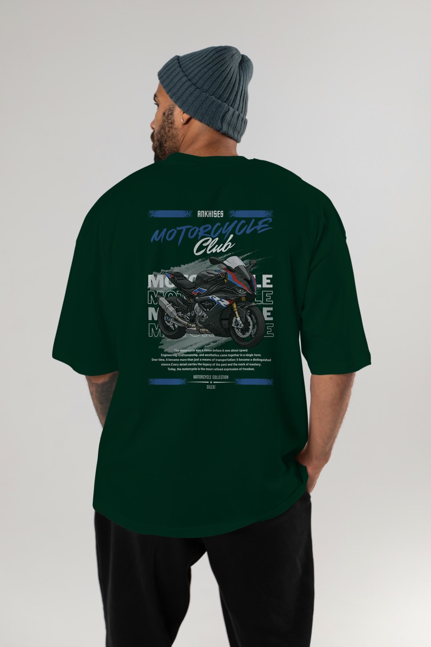 Motosiklet Serisi 2 Arka Baskılı Oversize t-shirt Erkek Kadın %100 Pamuk Bisiklet Yaka tişort