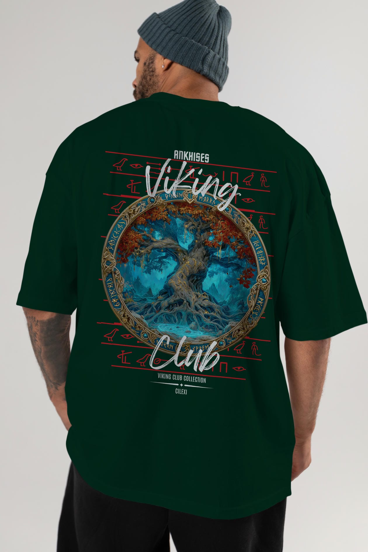 Yggdrasil Arka Baskılı Oversize t-shirt Erkek Kadın %100 Pamuk Bisiklet Yaka tişort